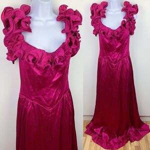 Vintage Union Made Ruffle Shoulder Satin Basque Hot Pink Fuchsia Gown Dress Prom